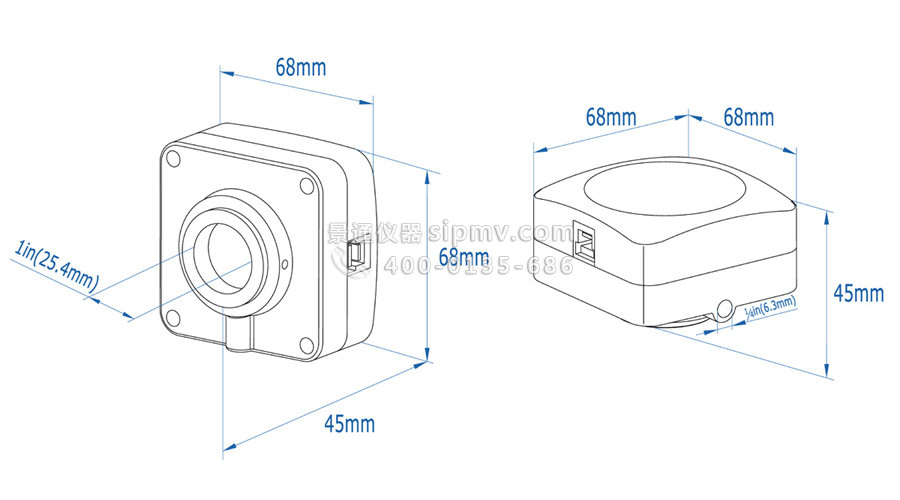 U3CMOS 显微镜C接口摄像头 USB3.0 CMOS相机尺寸示意图