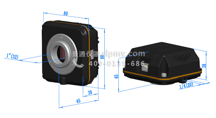 LCMOS系列C接口USB2.0 CMOS相机外形尺寸示意图 LCMOS系列C接口USB2.0 CMOS相机外形尺寸示意图